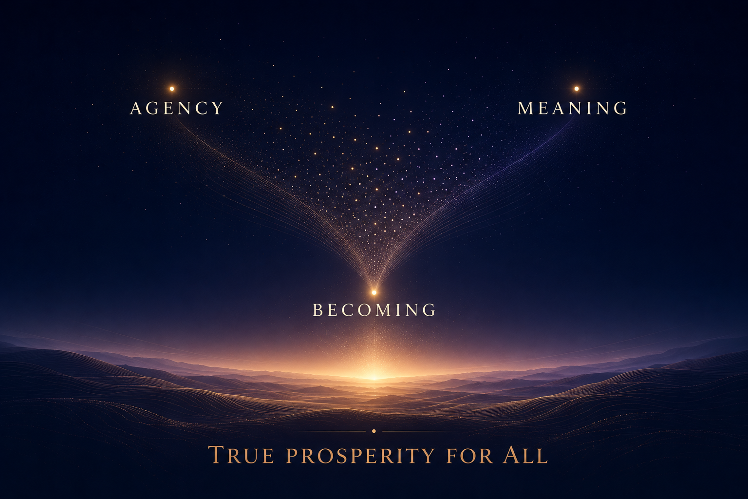 Agency and meaning converging into becoming, with True Prosperity For All as the horizon.