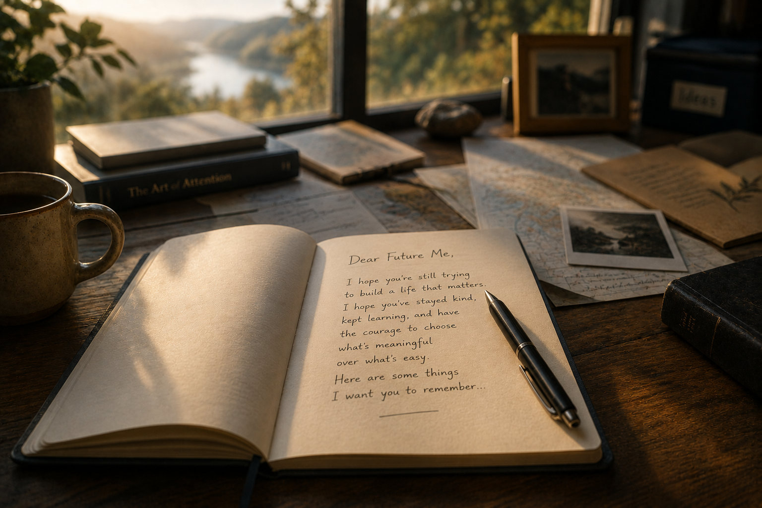 A quiet morning worktable with an open notebook in focus — beginning a letter to a future self. The feeling is continuity of intention, not productivity.