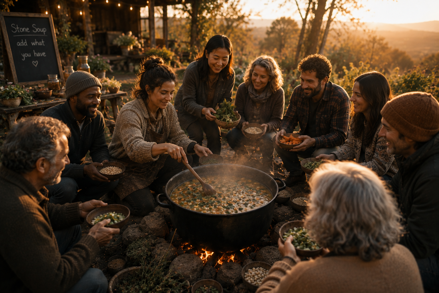 Several people contributing to a communal pot — a stone-soup gathering where a shared intention emerges as each person brings what they have to offer.